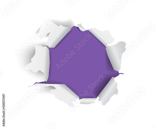 Ripped paper piece. Hole from torn paper. Decoration and texture. Violet.