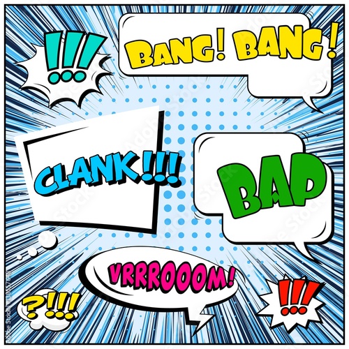 Abstract creative concept vector comic pop art style blank, layout template with clouds beams and isolated dots background. For sale banner, empty speech bubble set, illustration halftone book design.