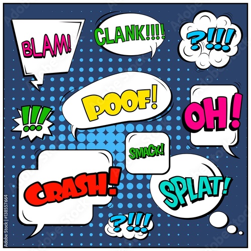 Abstract creative concept vector comic pop art style blank, layout template with clouds beams and isolated dots background. For sale banner, empty speech bubble set, illustration halftone book design.