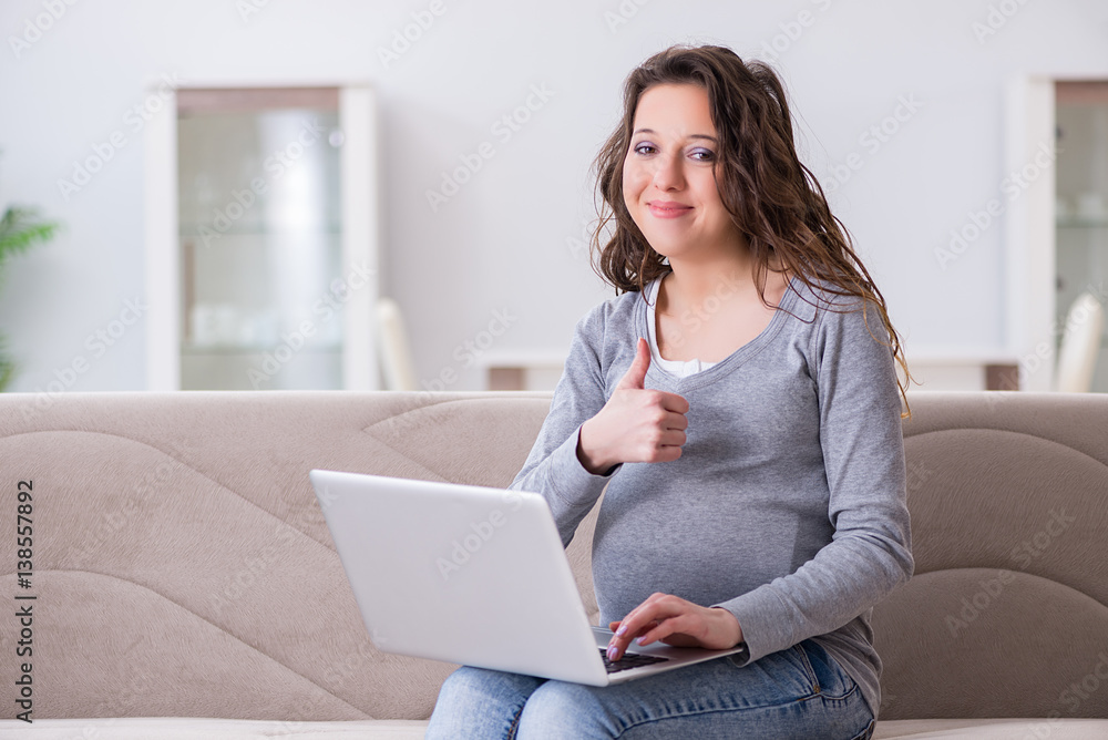 Pregnant woman working on laptop sitting on sofa Pregnant woman working on laptop sitting on sofa
