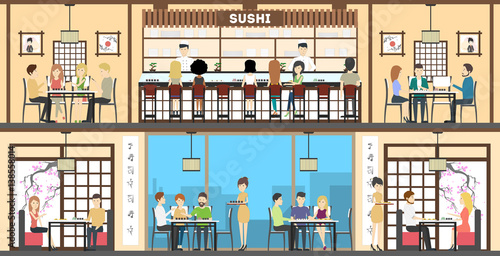 Sushi bar interior set. oriental style. Bar, tables and kitchen. Asian chefs and waitresses.