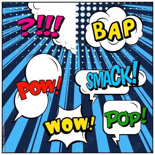 Abstract creative concept vector comic pop art style blank, layout template with clouds beams and isolated dots background. For sale banner, empty speech bubble set, illustration halftone book design.