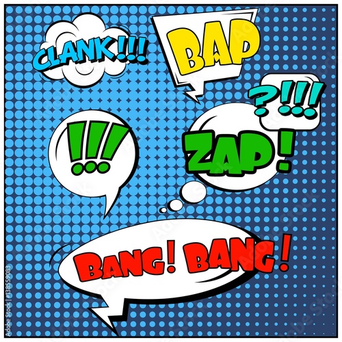 Abstract creative concept vector comic pop art style blank, layout template with clouds beams and isolated dots background. For sale banner, empty speech bubble set, illustration halftone book design.