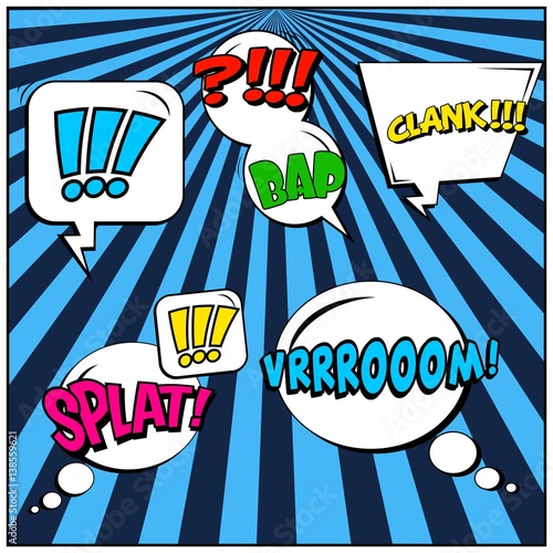 Abstract creative concept vector comic pop art style blank, layout template with clouds beams and isolated dots background. For sale banner, empty speech bubble set, illustration halftone book design.