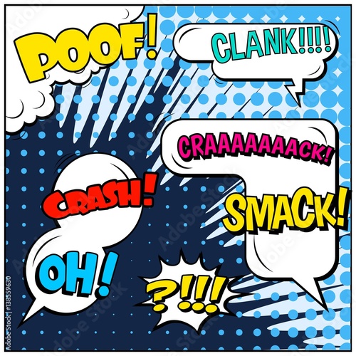 Abstract creative concept vector comic pop art style blank, layout template with clouds beams and isolated dots background. For sale banner, empty speech bubble set, illustration halftone book design.