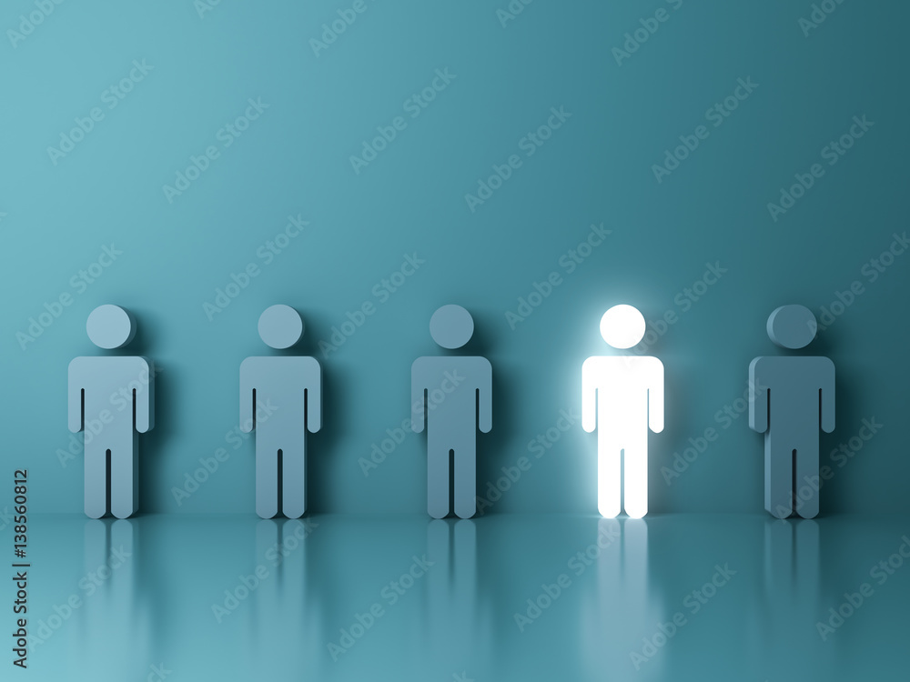 Stand out from the crowd and different creative idea concepts , One glowing light man standing among green people on green background with reflections and shadows . 3D rendering. Stand out from the crowd and different creative idea concepts , One glowing light man standing among green people on green background with reflections and shadows . 3D rendering.