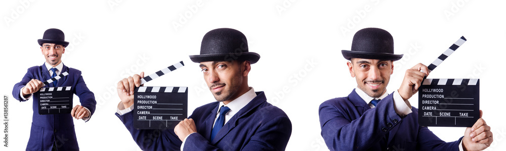 Man with movie clapper isolated on white Man with movie clapper isolated on white