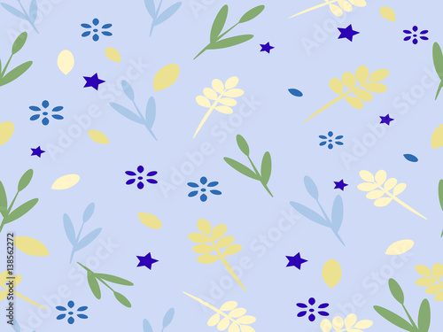 Blue background with flowers and leaves and stars. Vector illustration.