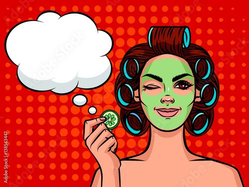 Young beautiful woman European type with curlers on her head and mask on her face.  Girl face with speech bubble over halftone background effect