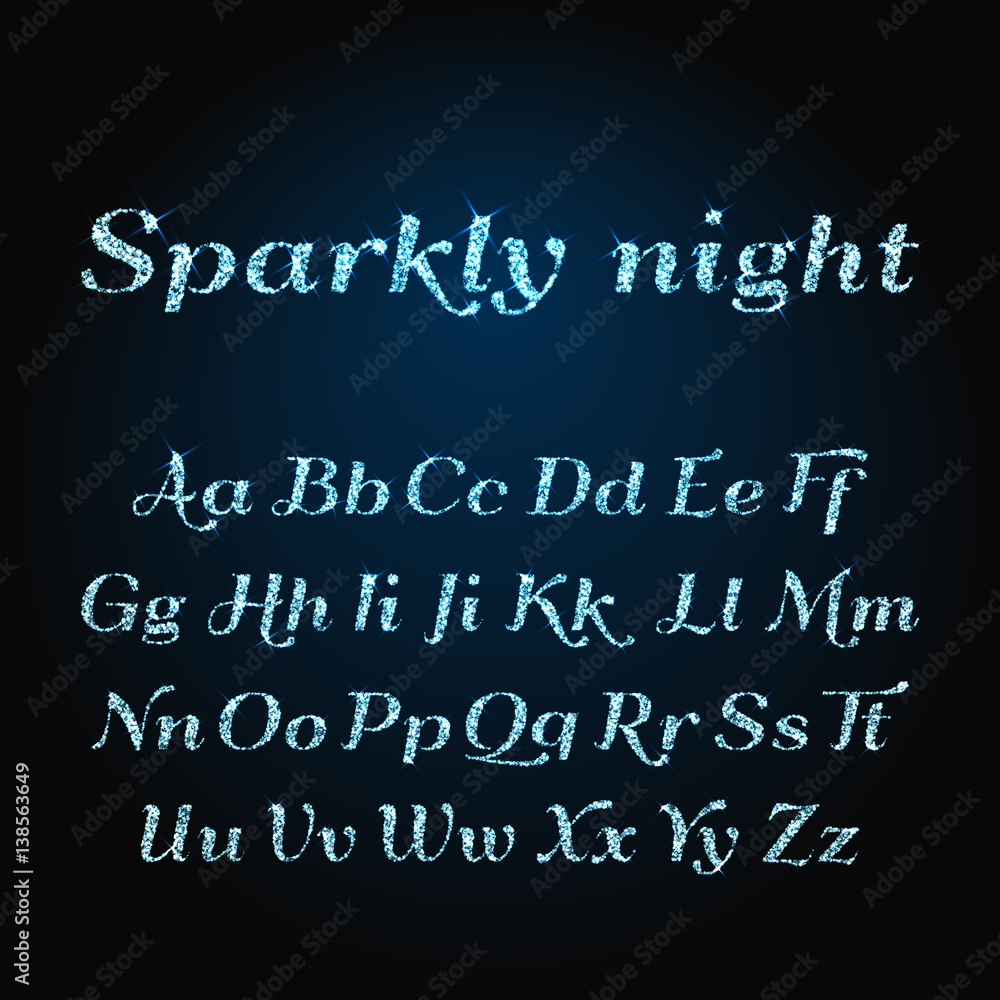 Vector shining luxury beautiful calligraphic blue alphabet font set of glittering sparkles. Vector illustration. EPS 10