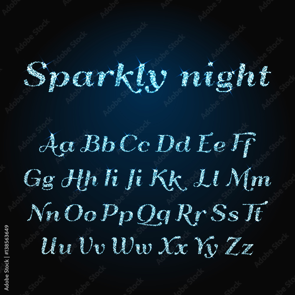 Vector shining luxury beautiful calligraphic blue alphabet font set of glittering sparkles. Vector illustration. EPS 10 Vector shining luxury beautiful calligraphic blue alphabet font set of glittering sparkles. Vector illustration. EPS 10