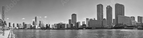 Photography Monochrome black and white wide angle panoramic view of winter Sumida river unde