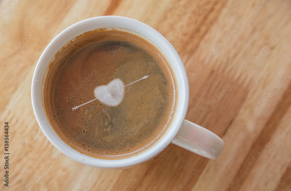 Heart in cup of coffee with in a white cup on wooden background. Heart in cup of coffee with in a white cup on wooden background.