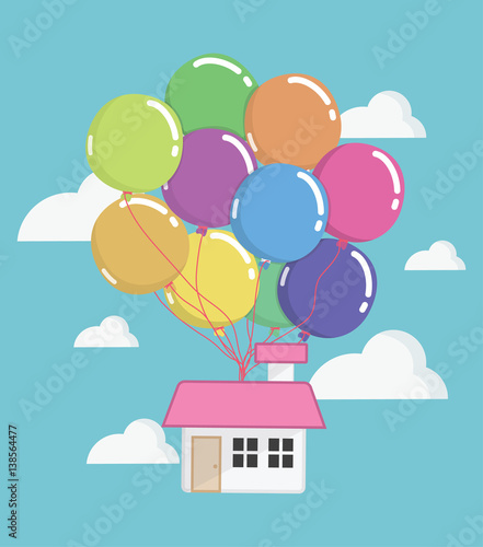House with lots of colorful balloons flying