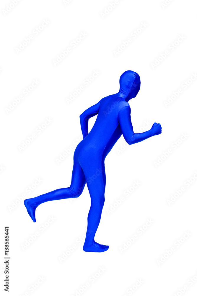 Mysterious blue man in morphsuit shows running Mysterious blue man in morphsuit shows running
