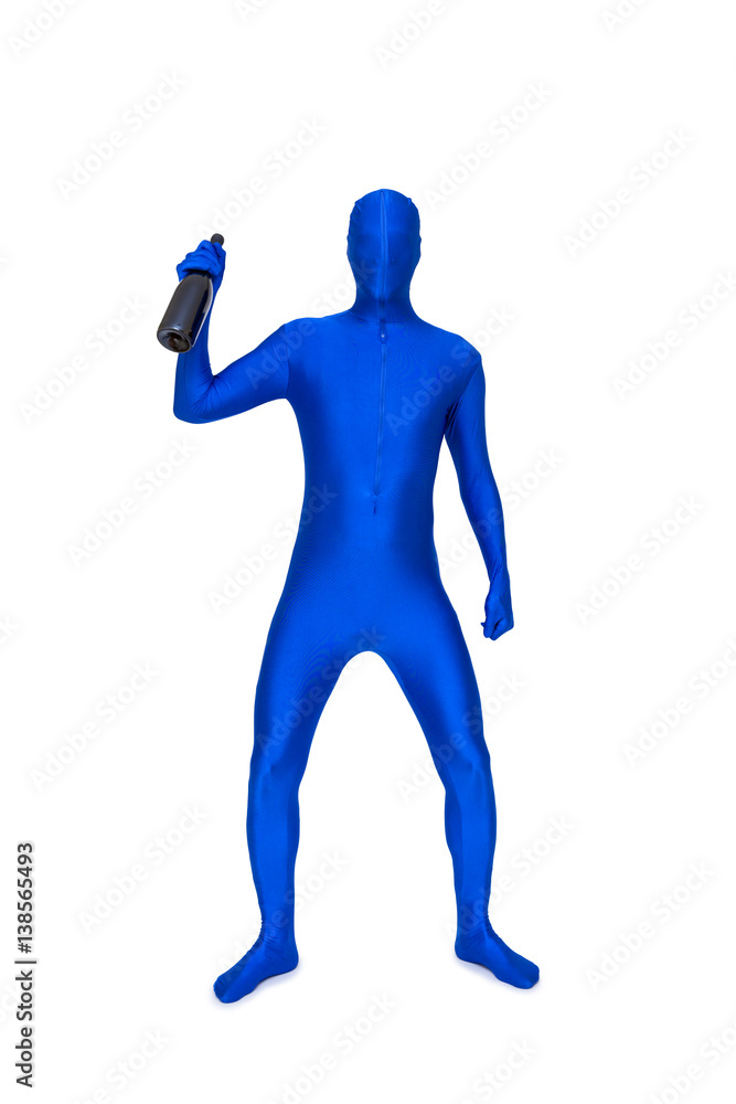 Mysterious blue man in morphsuit with bottle Mysterious blue man in morphsuit with bottle