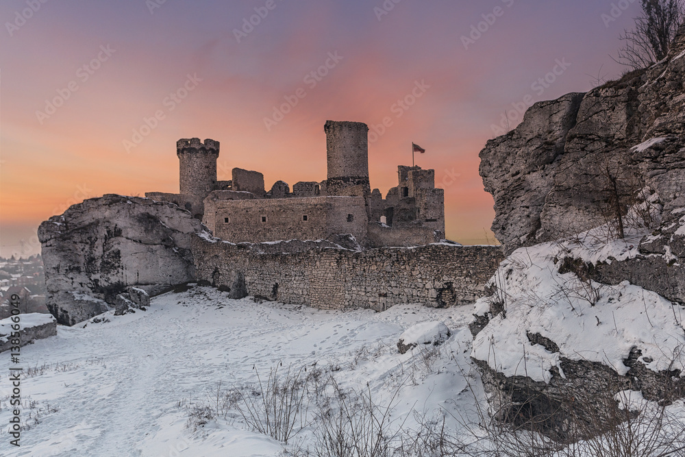 Sunset and medieval castle in Ogrodzieniec,  Poland