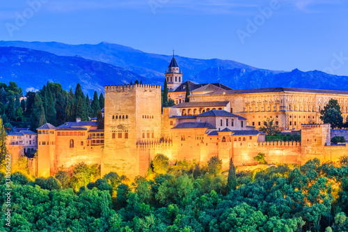 Alhambra of Granada, Spain. Alhambra fortress at twilight.