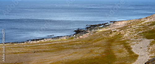 Wanderer auf dem Weg zum Knivskjellodden mit blauem Nordmeer im Hintergrund. Insel Mageroya, Finnmark, Norwegen