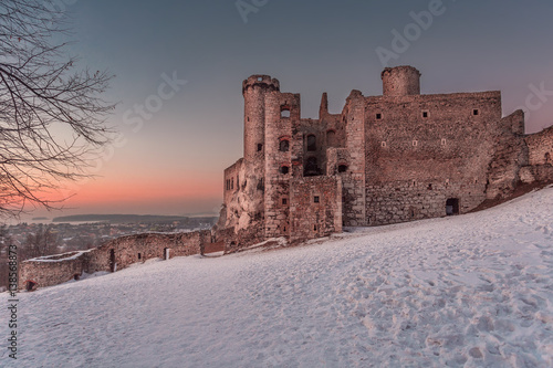 Sunset and medieval castle in Ogrodzieniec