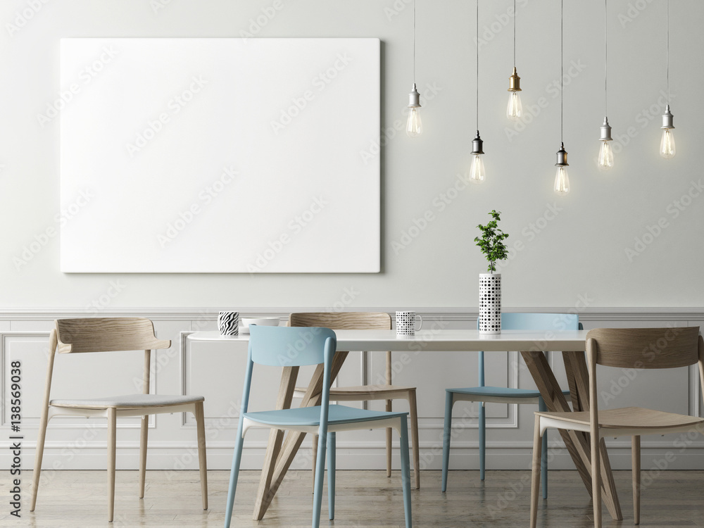 Mock up poster in dining room, hipster background, 3d render, 3d illustration Mock up poster in dining room, hipster background, 3d render, 3d illustration