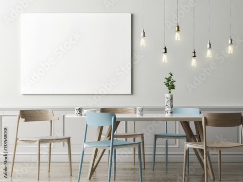 Mock up poster in dining room, hipster background, 3d render, 3d illustration photo