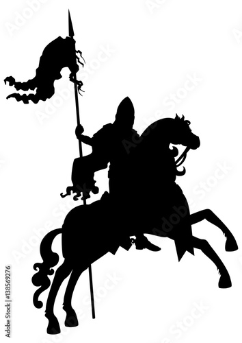 Silhouette banner-bearer on a horse. Illustration medieval riding warrior with a banner ribbon on a spear