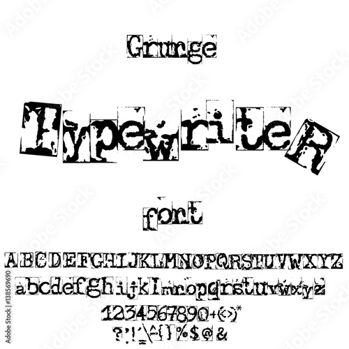 Vector old typewriter font. Vintage grunge letters. Old destroyed printed letters.