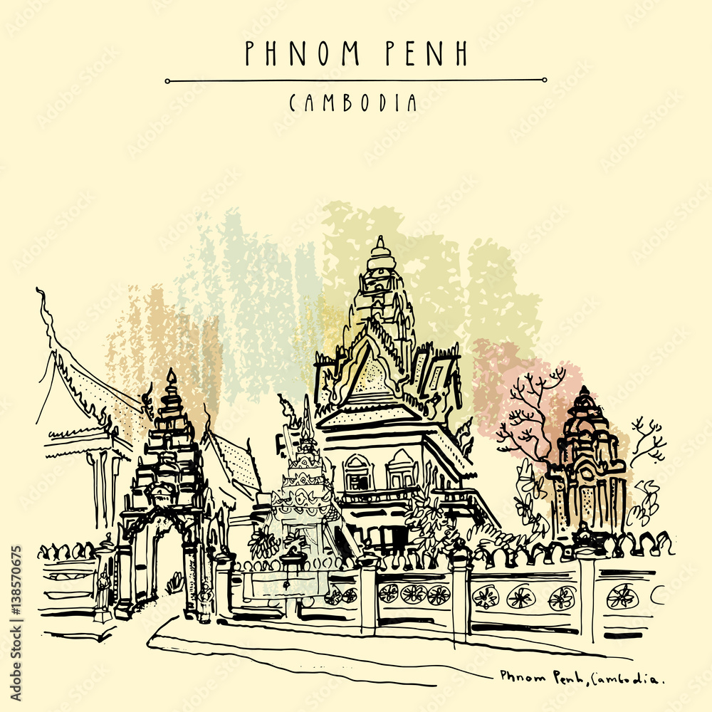 Wat Ounalom, main Cambodian Buddhist temple, Phnom Penh. Artistic travel postcard
