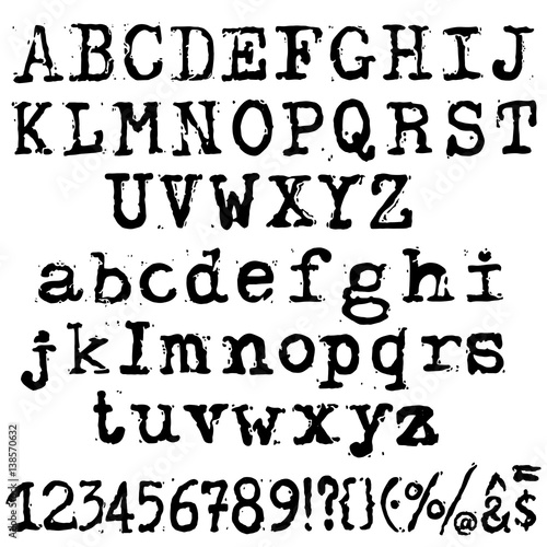 Vector old typewriter font. Vintage grunge letters. Old destroyed printed letters.