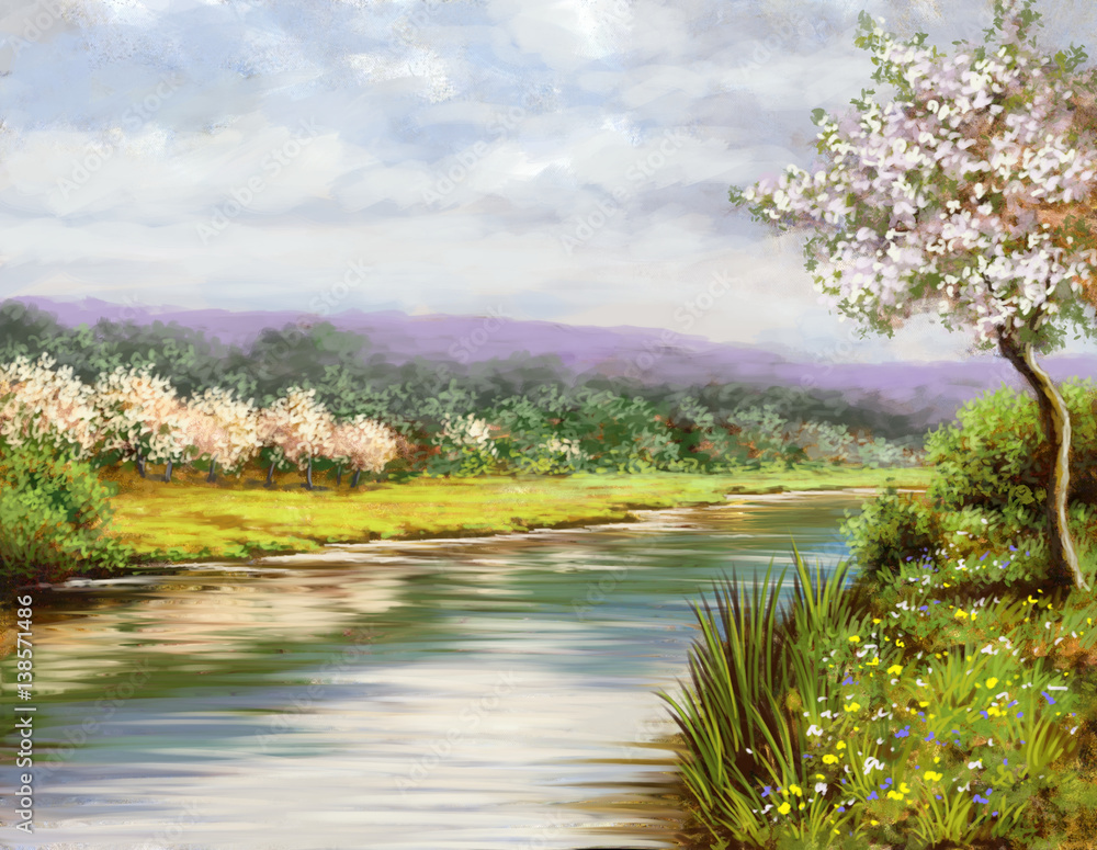 Obraz Wiosna, malarstwo pejzażowe, rzeka, sztuka