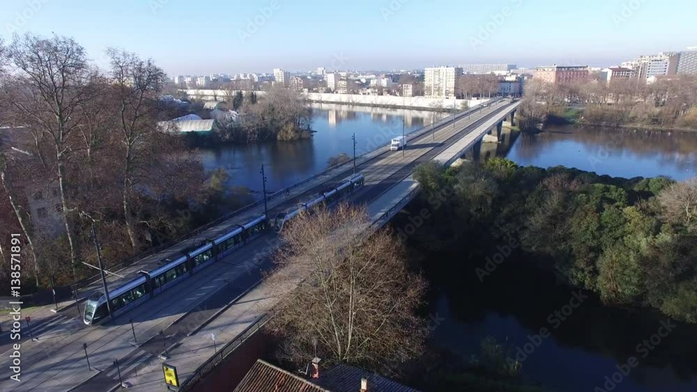 Aerial view of a tramway on a bridge Aerial view of a tramway on a bridge