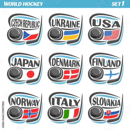 Vector set Flags of European Countries with Ice Hockey Puck: Logo national ice hockey Teams, Sport group countries of Europe, icons european flag, IIHF world team with puck, logo sport flags of europe