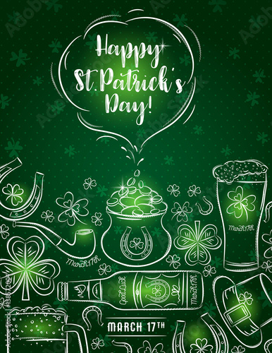 Green card for St. Patrick's Day with  beer bottle, mug, horseshoe, pipe, hat and shamrock, vector illustration.