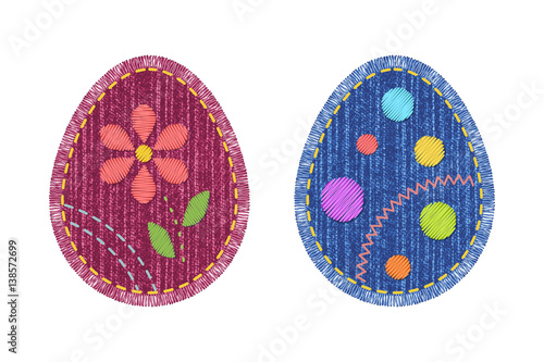 Set of colorful sewing denim patches with stitch and fringe in Easter egg shape. Blue, red jeans fabric with embroidery - flower pattern and circles, isolated on white background