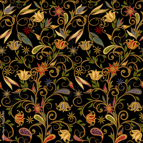 Abstract vintage pattern with decorative flowers  leaves and Paisley pattern in Oriental style.