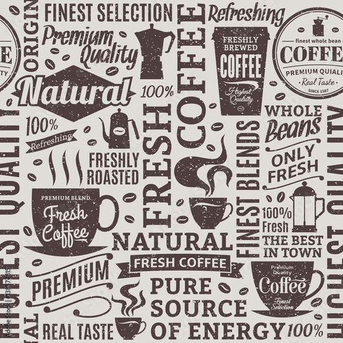 Retro styled typographic vector coffee shop seamless pattern or background