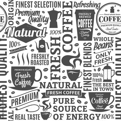 Typographic vector coffee shop seamless pattern or background