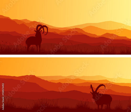Horizontal wide banners of goats grazing in meadows.