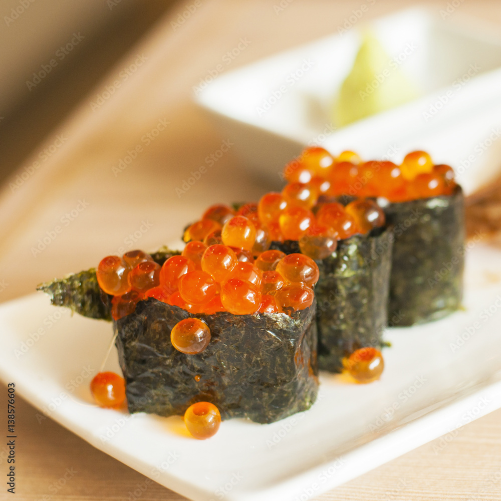 Fresh Salmon eggs sushi Stock Photo