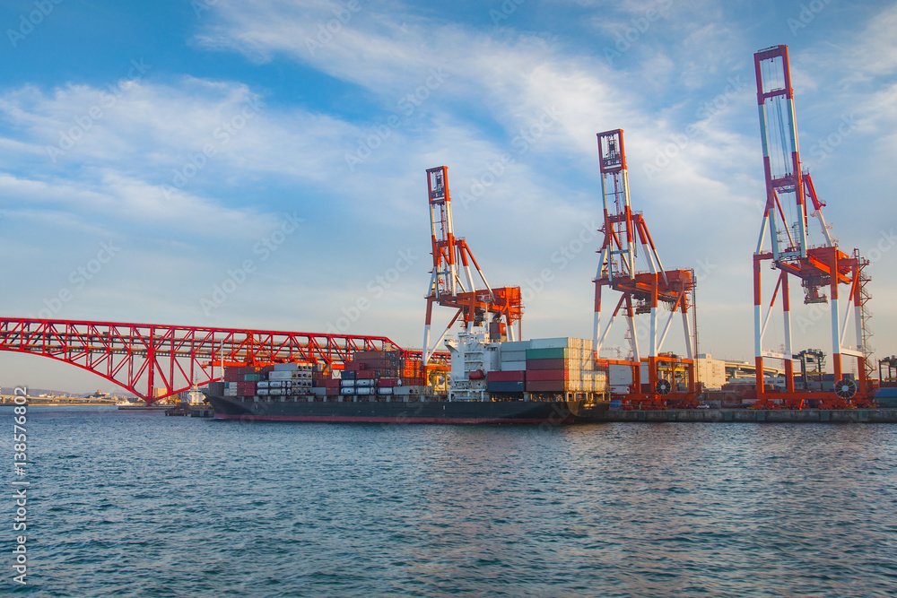 Transportation and Logistics of International with ports container cargo ship crane bridge in harbor for logistic import export background and transport industry concept