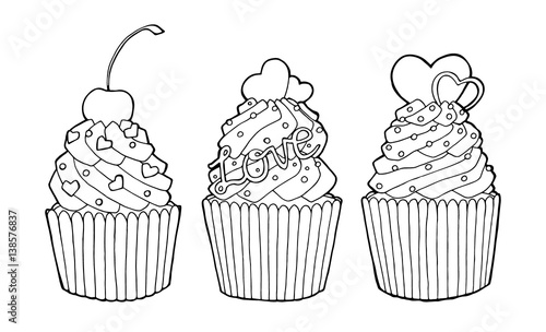 Hand drawn sketch of cupcakes with cherry and hearts. Valentine's day. Vector illustration isolated on a white
