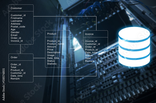 Database table with server storage and network in datacenter background photo