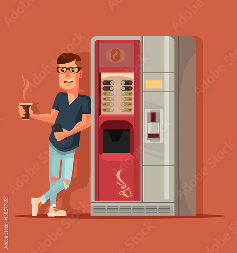Man character drinking coffee next to coffee machine. Vector flat cartoon illustration