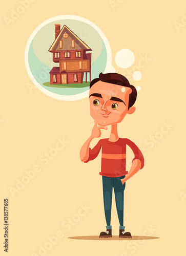 Man character dream of house. Vector flat cartoon illustration