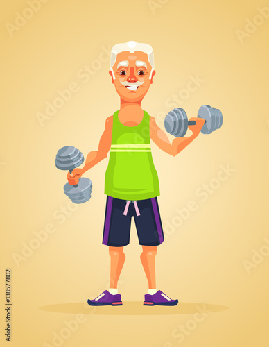 Grandfather character doing exercise. Vector flat cartoon illustration