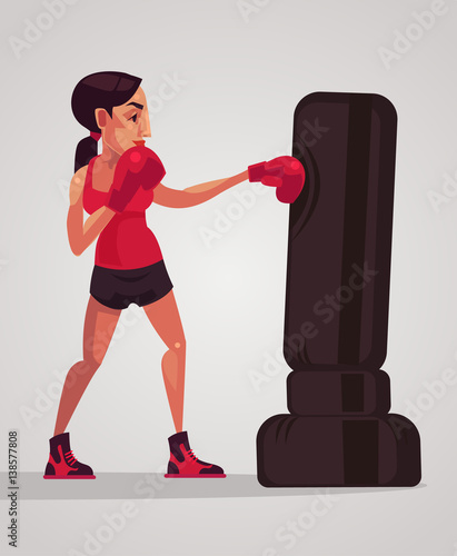 Woman boxer character kicking punching bag. Vector flat cartoon illustration