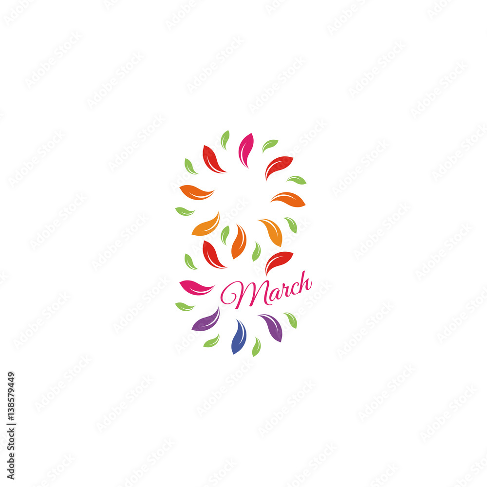 Isolated colorful number eight of leaves and petals with pink word march icon, international women day greeting card element vector illustration.