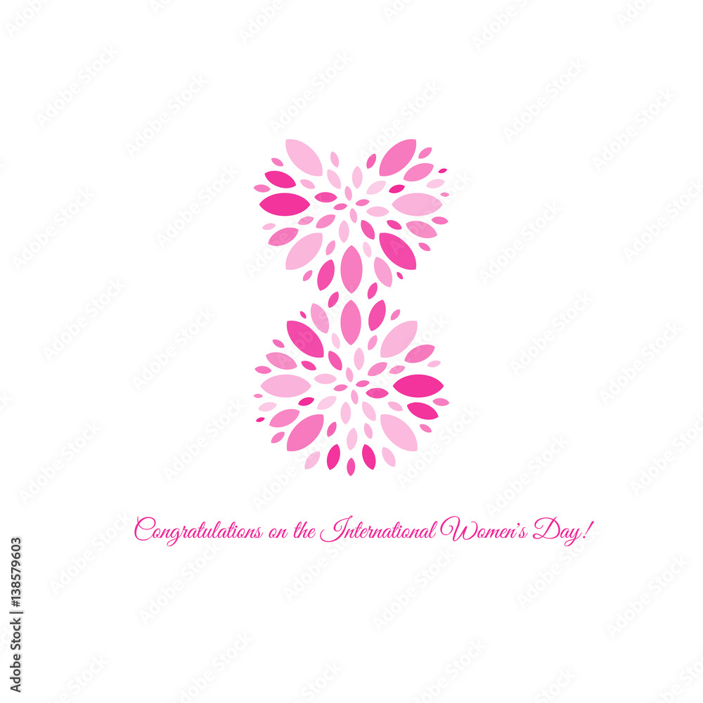 Isolated pink color number eight of petals icon, international women day greeting card element vector illustration.