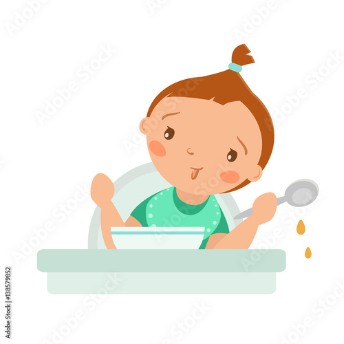 Vector little baby girl with spoon and plate. Illustration isolated on a white